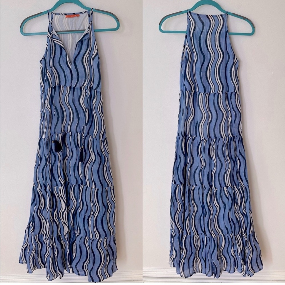 OLIPHANT Blue Wavy Tiered Tassel Maxi Dress Size XS